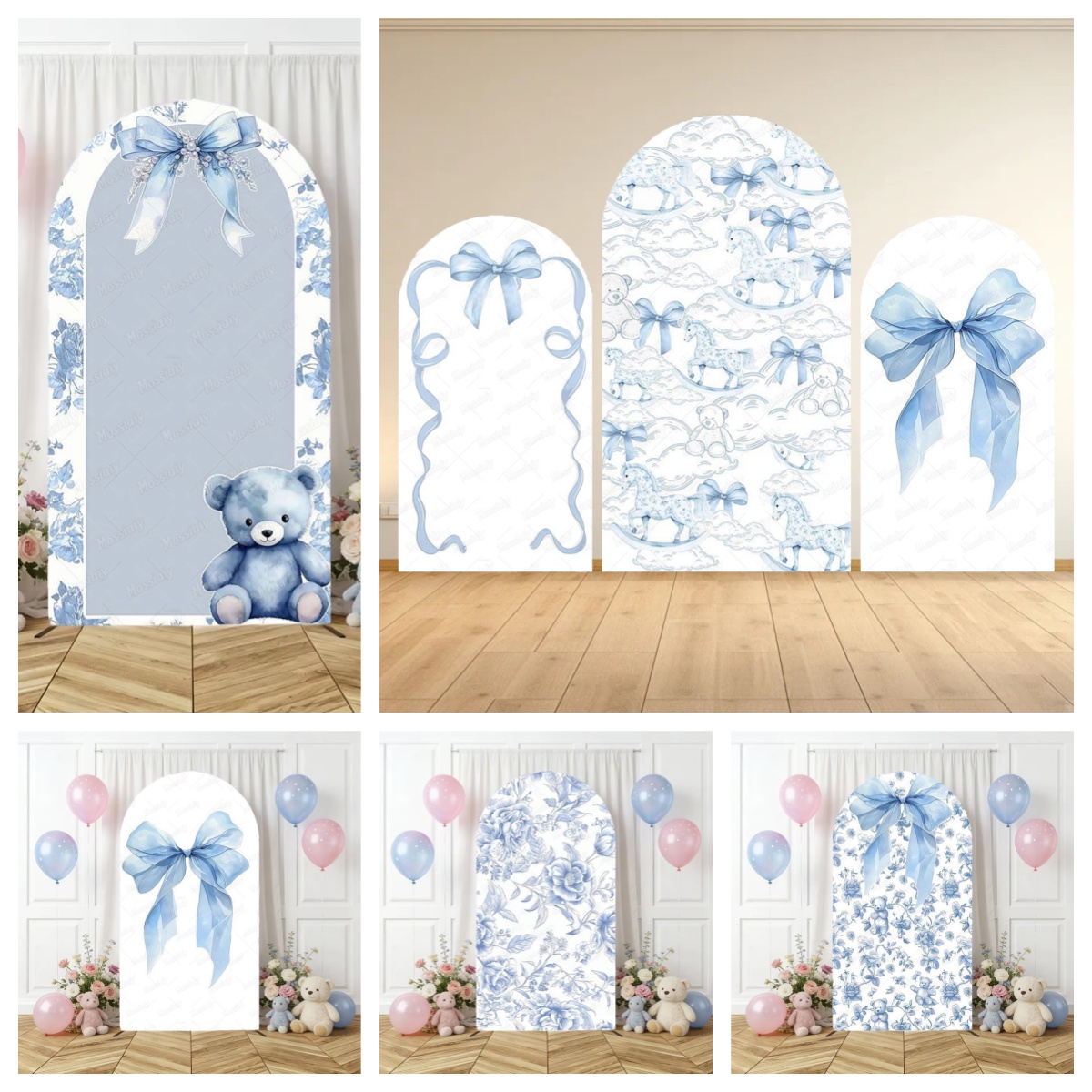 Photography Lighting Backdrop - Blue Floral Bow Arch Backdrop Cover